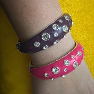 Purple and Hot Pink Enamel Hinged Bangle Bracelets with Crystals (Silver Tone)